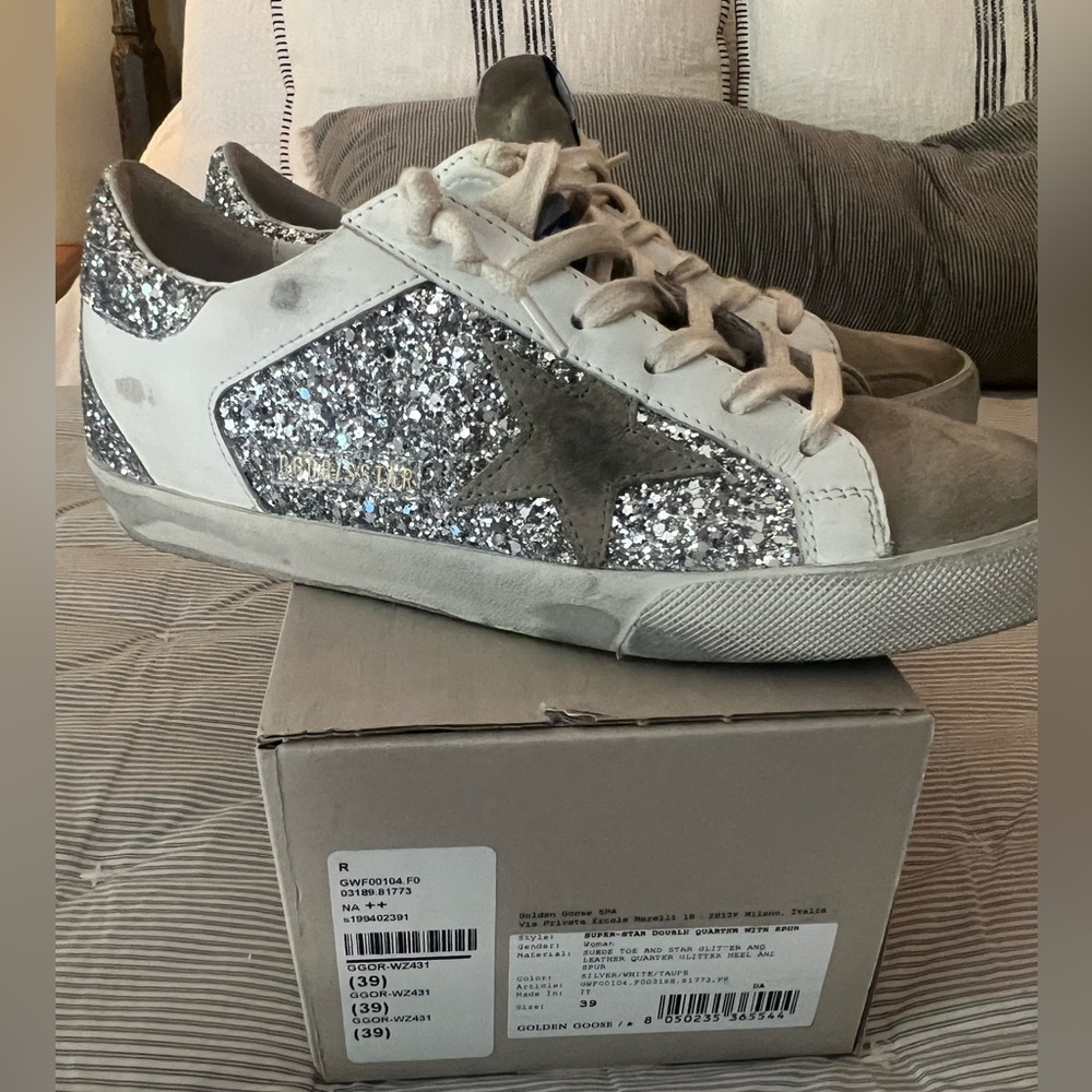 Golden Goose Super-Star Sneaker in Silver, White, & Taupe